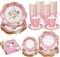 136Pcs Floral Tableware set Tea Party Supplies for 25 Floral Tea Cups with Handle 9” 7” Floral Paper Plates Disposable Flower Cups and Saucers Sets for Garden Birthday Bridal Wedding,Pink